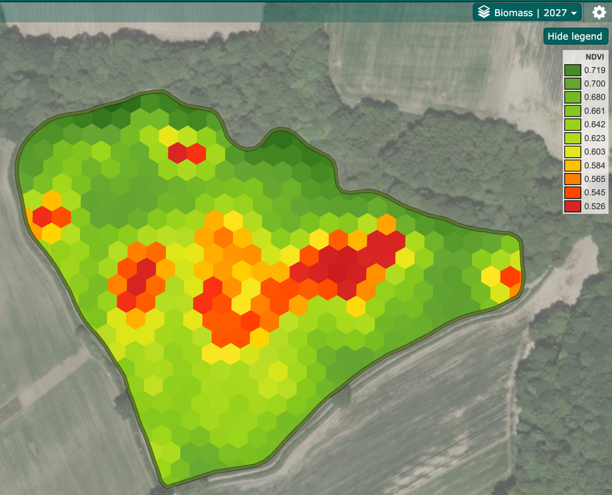 Satellite NDVI map of winter barley in Big Storth at Povey Farm
